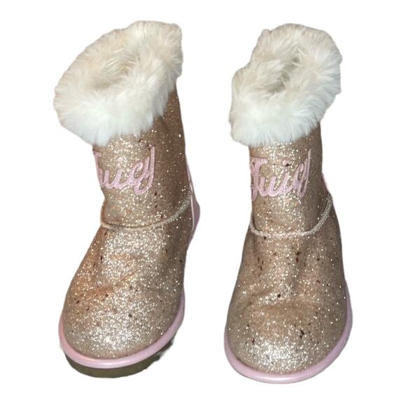 Juicy Couture Lil Malibu 2 Faux Fur Pink Glittler Girls Boots Size 12 - Picture 1 of 6
